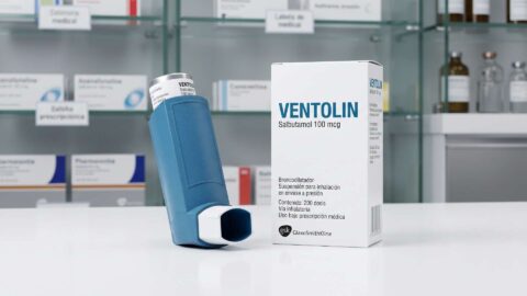 Inhalador azul y caja de Ventolin salbutamol 100 mcg sobre el mostrador de una farmacia en España.