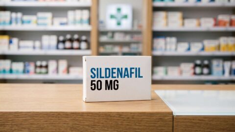 Caja de Sildenafil 50 mg para comprar Viagra sobre el mostrador de una farmacia.