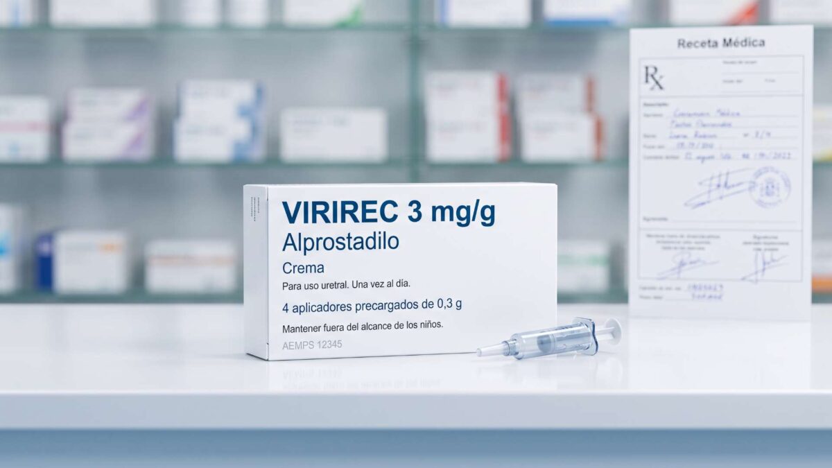 Caja de Virirec crema de alprostadilo con aplicador y receta médica sobre mostrador de farmacia