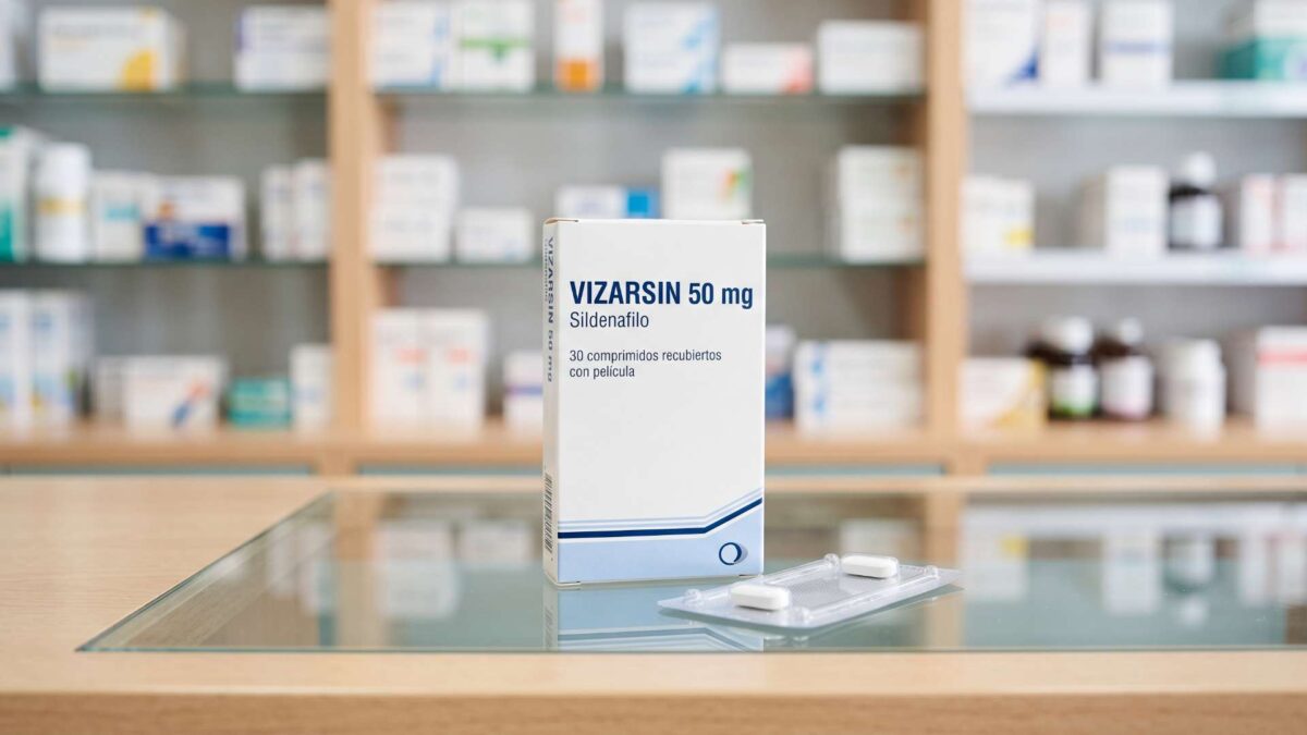 Caja de Vizarsin 50 mg de sildenafilo y blíster con comprimidos sobre el mostrador de una farmacia.
