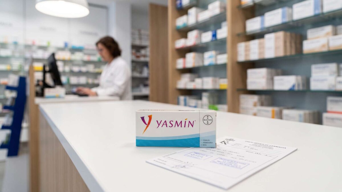 ¿Se puede comprar Yasmin sin receta? 3 Caja de anticonceptivo Yasmin junto a una receta médica en el mostrador de una farmacia.