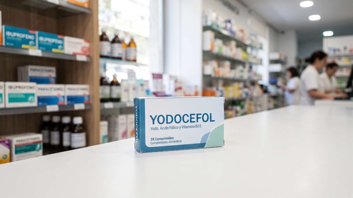 Caja del suplemento Yodocefol dispuesta sobre el mostrador de una farmacia.