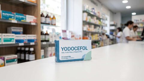 Caja del suplemento Yodocefol dispuesta sobre el mostrador de una farmacia.