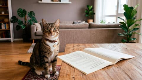 Gato atigrado sentado en un salón moderno junto a un documento impreso de normativa de comunidad sobre la mesa.