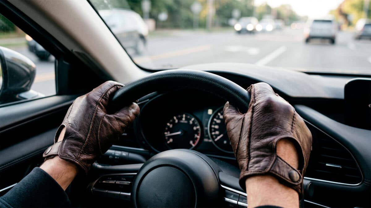 Manos sujetando el volante de un coche con guantes de cuero para conducir en carretera.