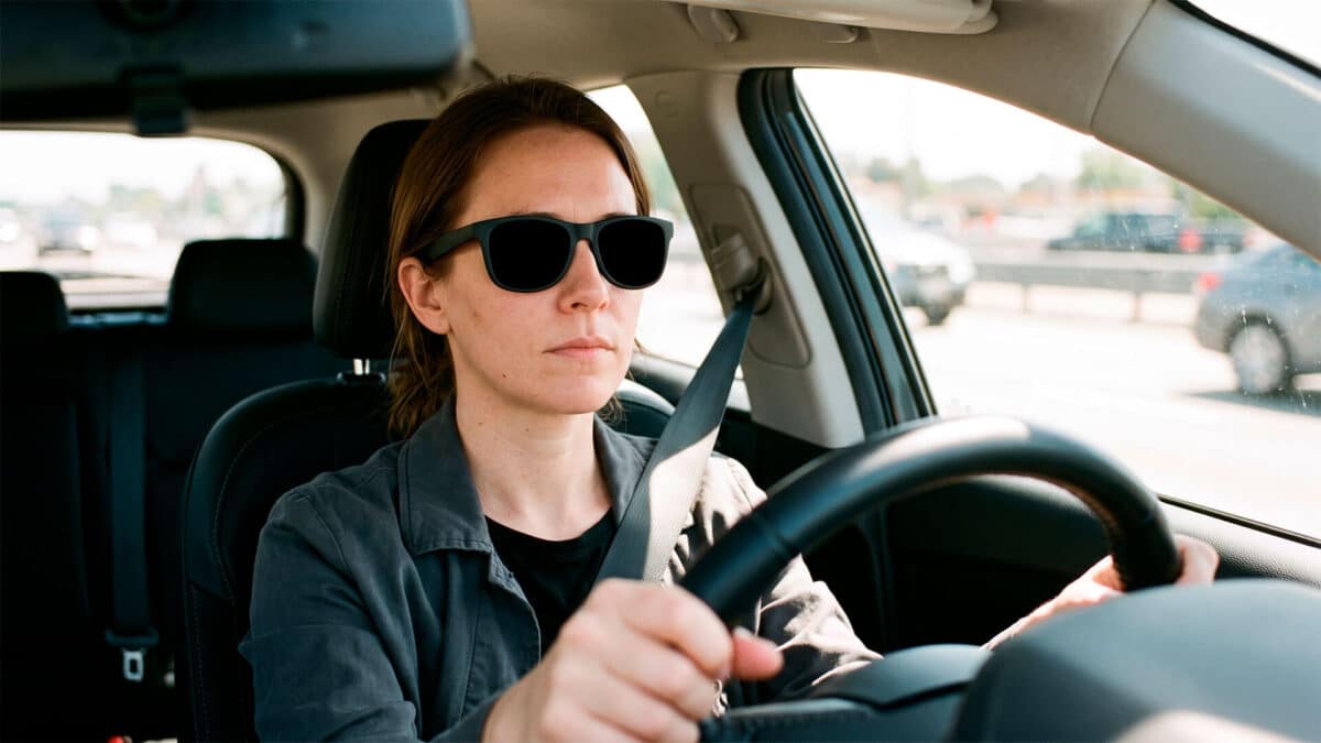 Mujer conduciendo un coche en carretera usando gafas de sol con lentes muy oscuras y opacas.