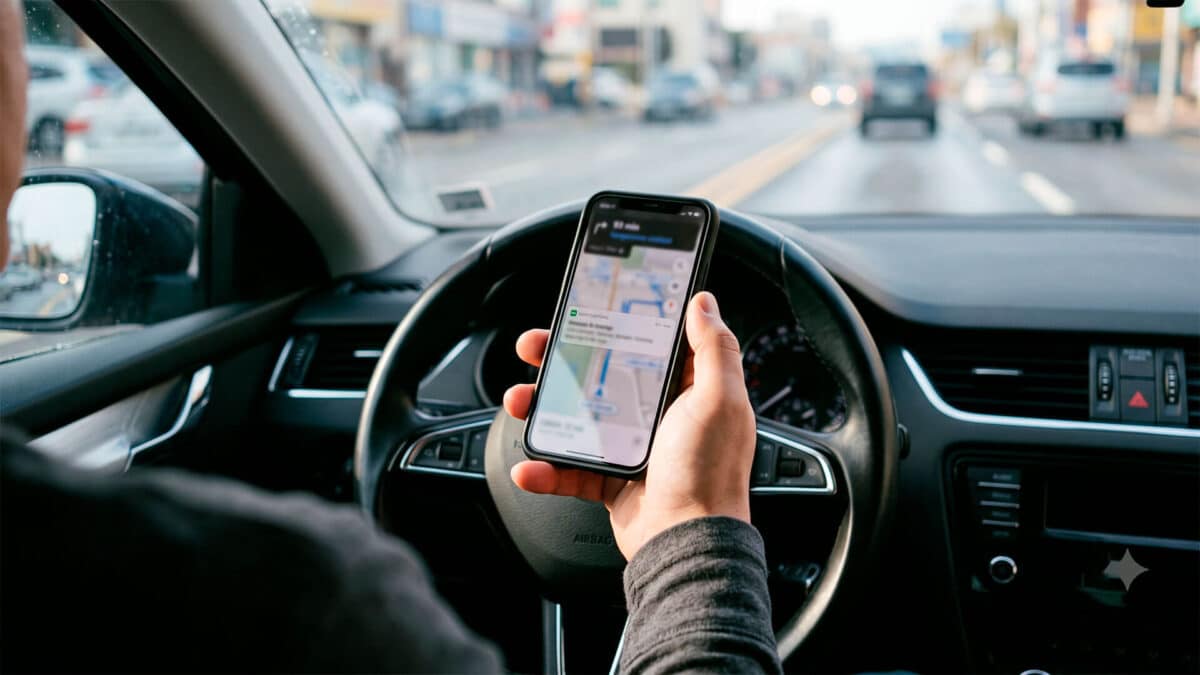 Conductor sujetando un móvil con una app de navegación GPS frente al volante de un coche en movimiento.