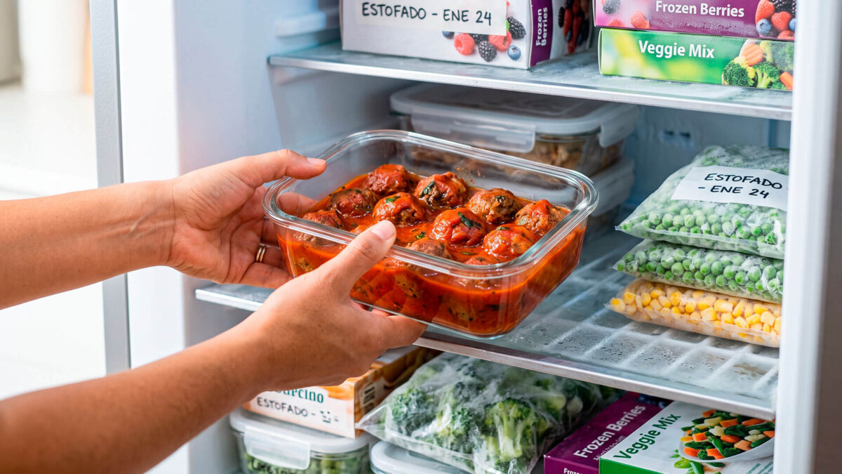 Manos guardando un recipiente de cristal con albóndigas en salsa de tomate en un congelador organizado.