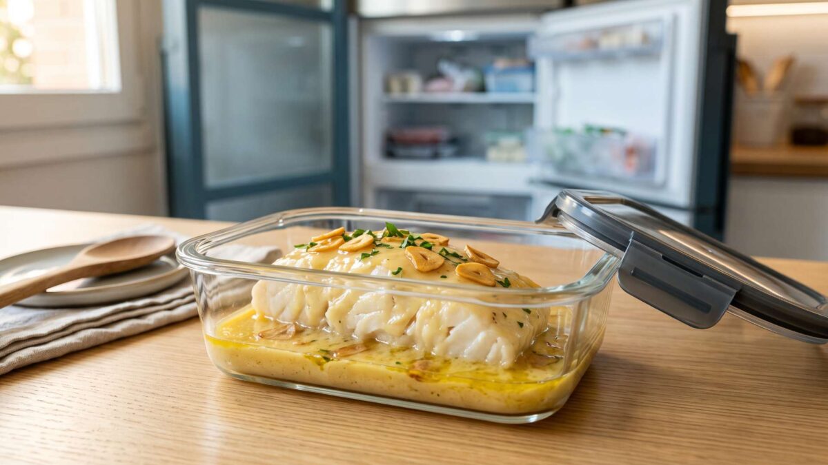 ¿Se puede congelar el bacalao al pil pil? 3 Bacalao al pil pil en tupper hermético de cristal listo para congelar con el congelador abierto al fondo