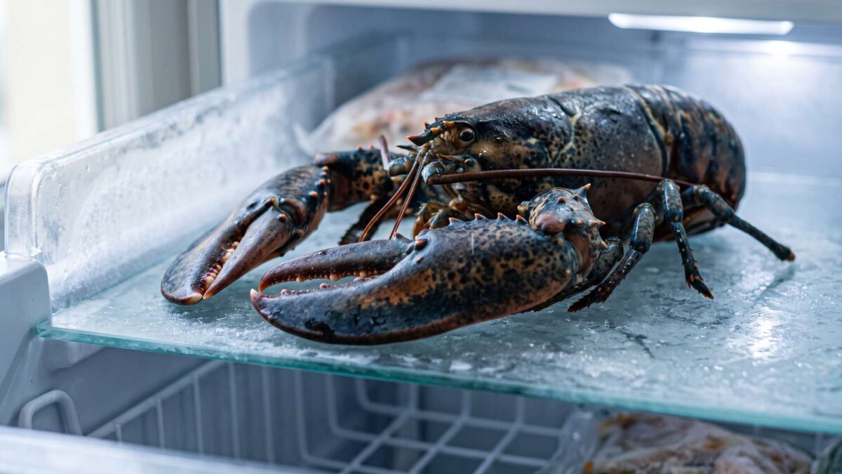 ¿Se puede congelar el bogavante vivo? 3 Bogavante entero sobre una balda de cristal en el interior de un congelador domestico.