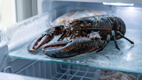 Bogavante entero sobre una balda de cristal en el interior de un congelador domestico.