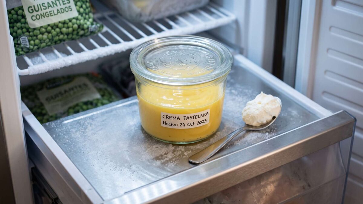 Tarro hermético con crema pastelera fechada dentro de un congelador doméstico