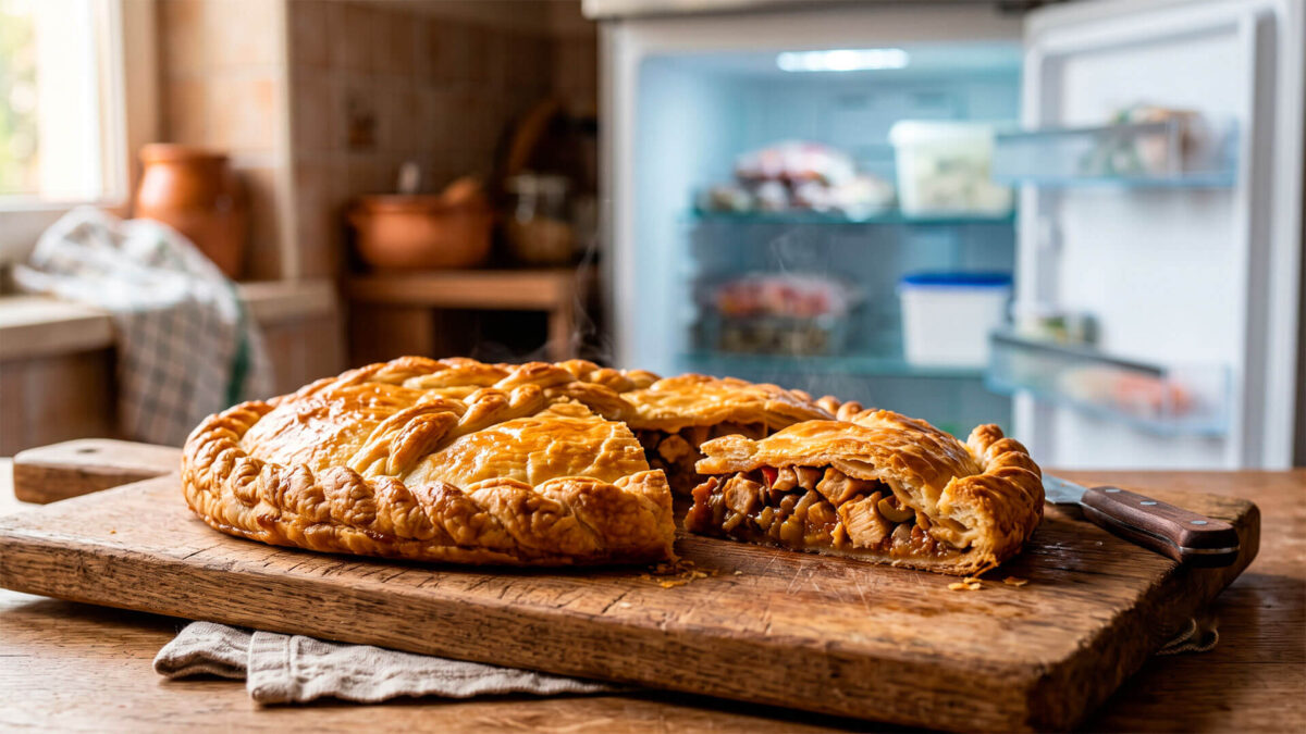 Empanada horneada recién cortada sobre una tabla de madera en la cocina, lista para congelar en el frigorífico.
