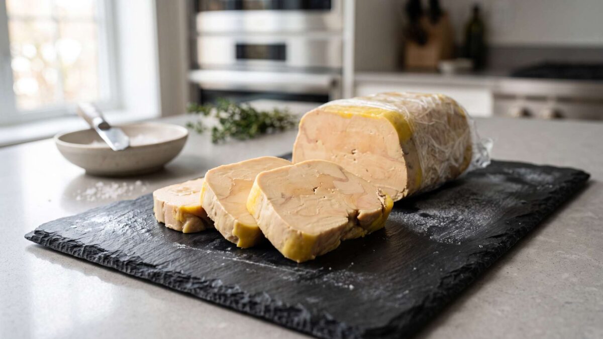 ¿Se puede congelar el foie micuit? 3 Medallones y bloque de foie micuit cortados sobre pizarra negra para congelar en porciones individuales.