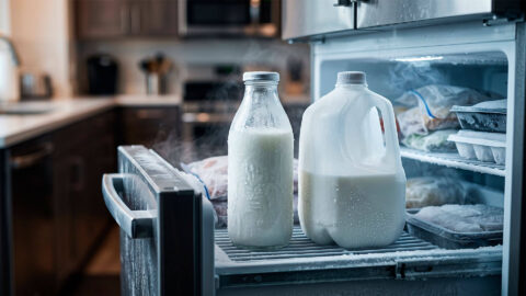 Botella de cristal y garrafa de plástico con leche escarchada dentro de un congelador abierto.