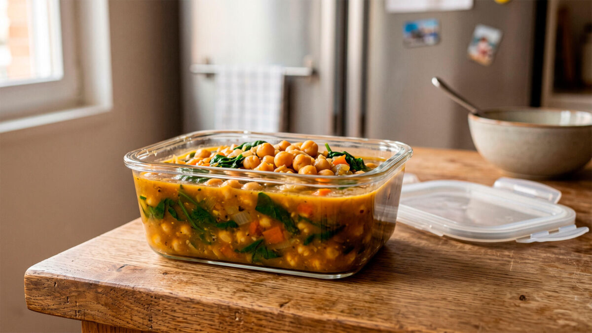 Potaje de garbanzos con espinacas en recipiente de vidrio hermético sobre mesa de madera.