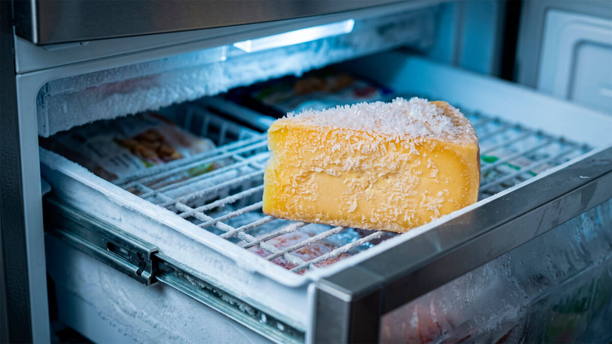Cuña de queso con escarcha de hielo dentro de un cajón de congelador doméstico.