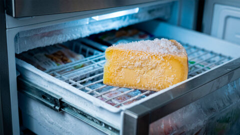 Cuña de queso con escarcha de hielo dentro de un cajón de congelador doméstico.