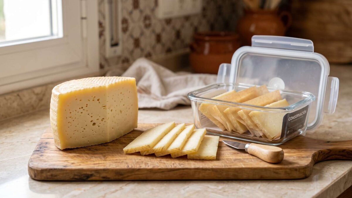 ¿Se puede congelar el queso semicurado? 3 Cuña y lonchas de queso semicurado separadas con papel vegetal en recipiente hermético de cristal.