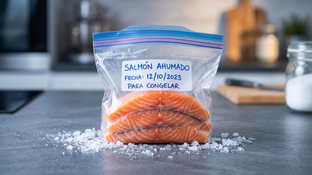 ¿Se puede congelar el salmón ahumado? 3 Lomos de salmón ahumado en bolsa hermética etiquetada para congelar sobre la encimera.
