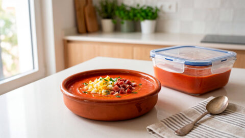 Cuenco de salmorejo cordobés con huevo y jamón junto a recipiente hermético lleno en una cocina luminosa.