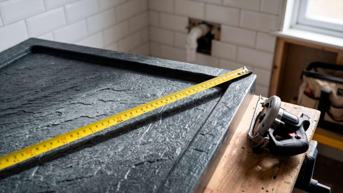 Plato de ducha de resina oscura siendo medido con cinta métrica junto a una sierra circular para su corte a medida.