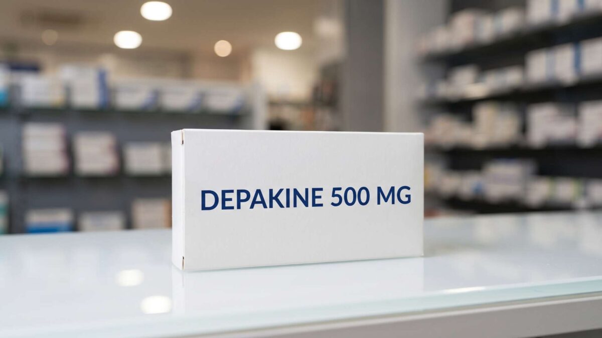 Caja de Depakine 500 mg en el mostrador de una farmacia para dispensación bajo prescripción médica.