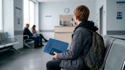 Joven extranjero no acompañado con mochila y pasaporte esperando trámites en una oficina gubernamental.