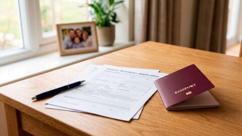 Solicitud de residencia, pasaporte y bolígrafo sobre mesa con foto familiar de fondo para reagrupación en España.