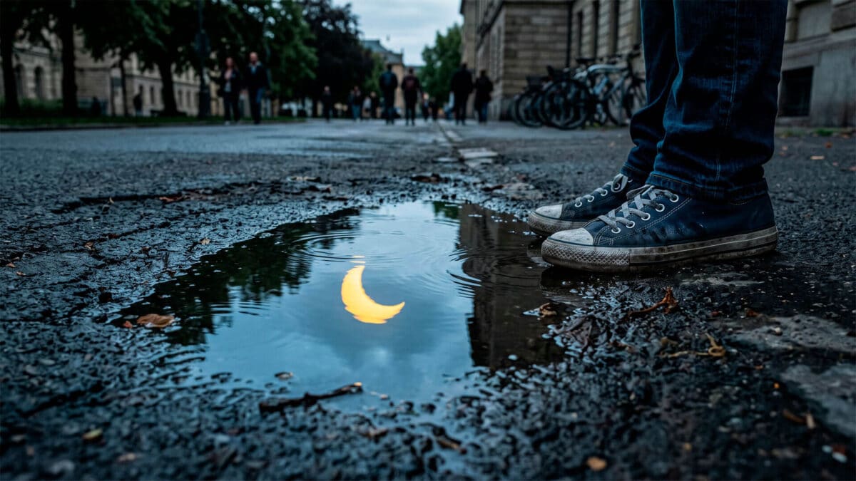 Persona frente a un charco de agua en el asfalto que refleja la silueta de un eclipse solar parcial en la calle.