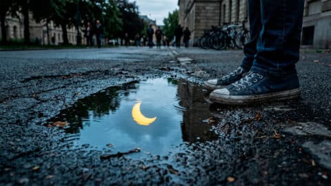 Persona frente a un charco de agua en el asfalto que refleja la silueta de un eclipse solar parcial en la calle.