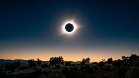 Eclipse solar total en España, mostrando la corona brillante sobre un paisaje rural oscurecido.