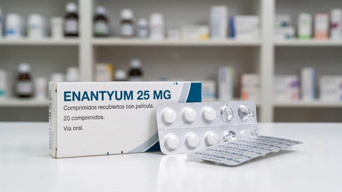 ¿Se puede comprar Enantyum sin receta? 3 Caja y blíster de Enantyum 25 mg sobre el mostrador de una farmacia con estanterías al fondo.