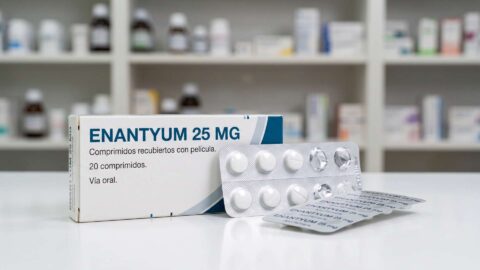 Caja y blíster de Enantyum 25 mg sobre el mostrador de una farmacia con estanterías al fondo.