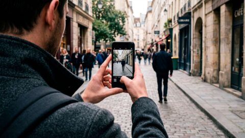 Hombre tomando foto con su móvil a un peatón desprevenido en una calle empedrada.