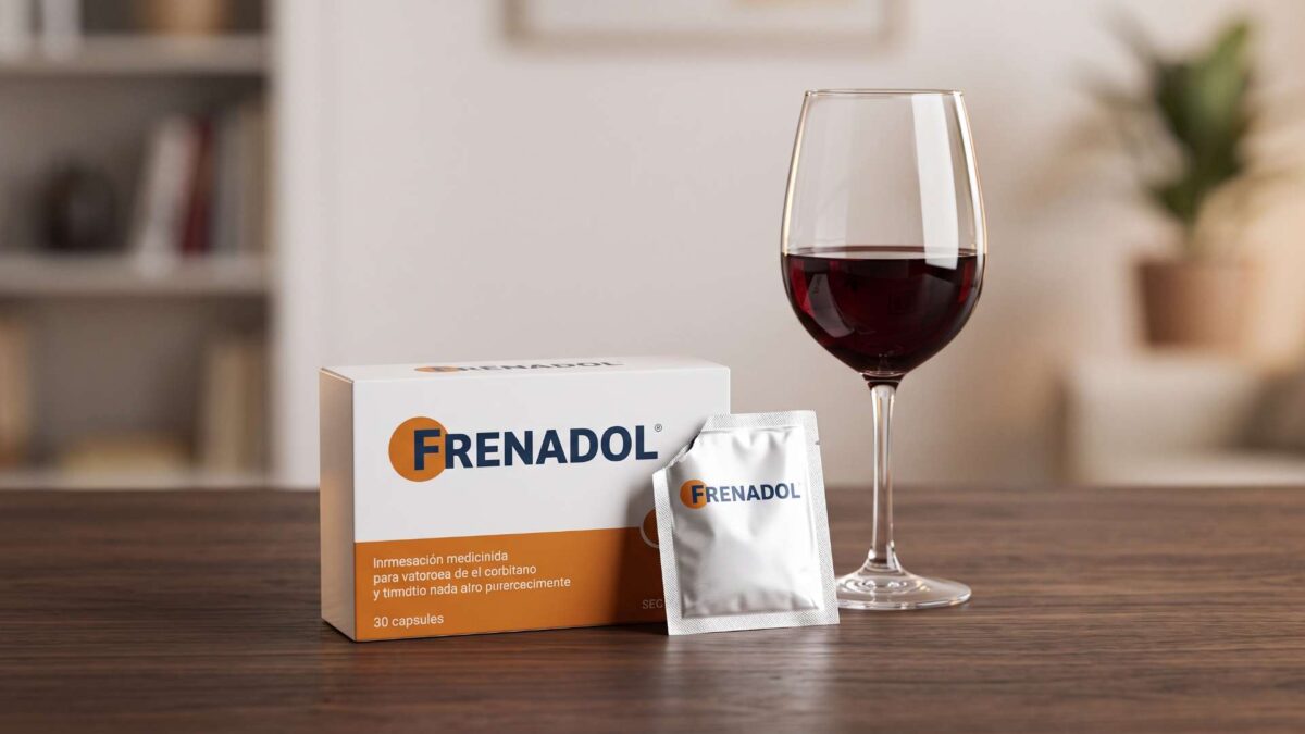 Caja y sobre de Frenadol junto a una copa de vino tinto sobre una mesa de madera.