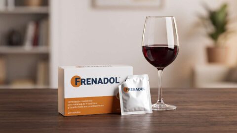 Caja y sobre de Frenadol junto a una copa de vino tinto sobre una mesa de madera.