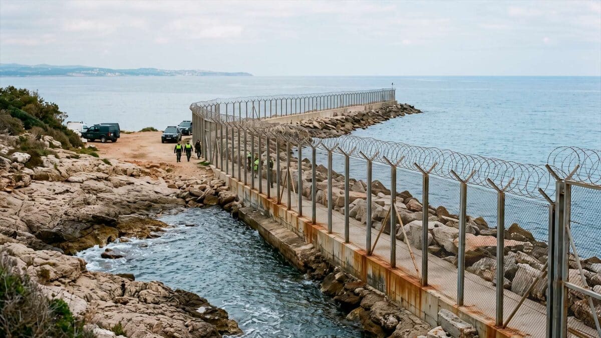 Valla fronteriza sobre espigón rocoso adentrándose en el mar, patrullada por agentes de seguridad en la costa.