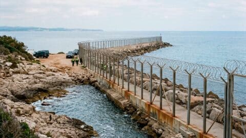 Valla fronteriza sobre espigón rocoso adentrándose en el mar, patrullada por agentes de seguridad en la costa.