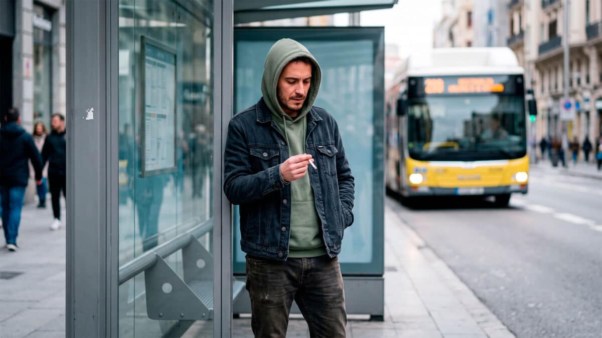 Hombre sosteniendo un cigarrillo apagado junto a una marquesina de autobús urbano mientras se aproxima un transporte.