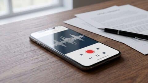 Teléfono móvil grabando audio sobre un escritorio con documentos, representando una grabación de voz oculta.