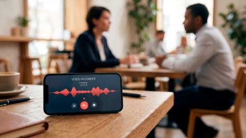 Teléfono móvil grabando una conversación sobre una mesa con dos personas hablando al fondo.