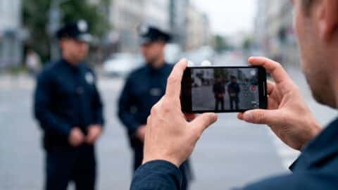 Persona grabando con su teléfono móvil a dos agentes de policía en la calle.