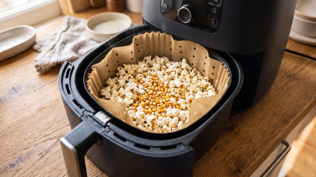 Granos de maíz y palomitas abiertas dentro de una freidora de aire con papel de horno.