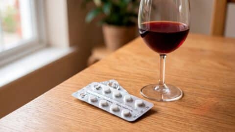Blíster de pastillas de ibuprofeno junto a una copa de vino tinto sobre una mesa de madera.
