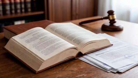Código Penal español abierto junto a documentos legales y un mazo sobre un escritorio de madera.