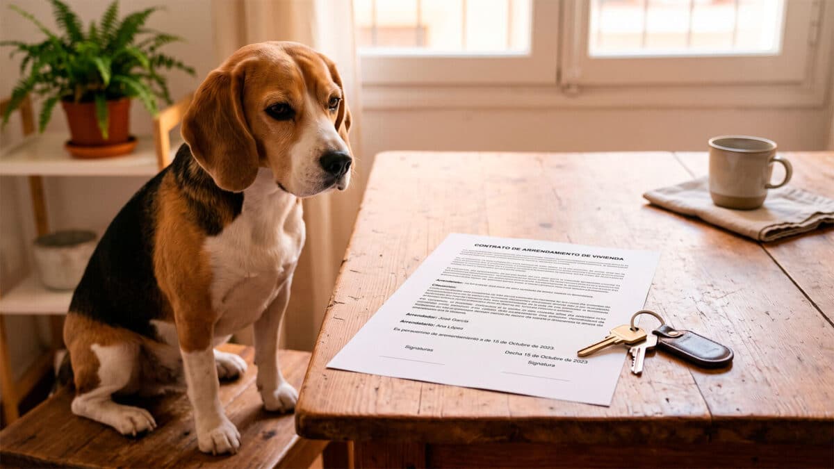 Perro beagle sentado junto a un contrato de arrendamiento de vivienda y un juego de llaves sobre mesa de madera.