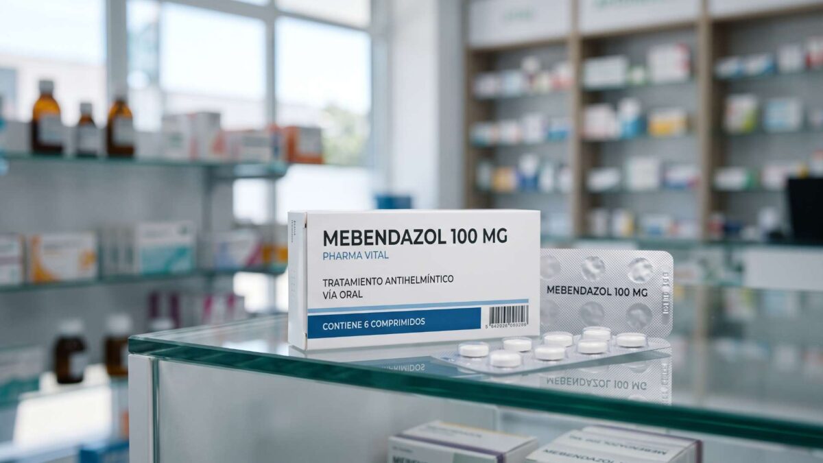 ¿Se puede comprar mebendazol sin receta? 3 Caja de mebendazol 100 mg y blister con comprimidos sobre el mostrador de cristal en una farmacia.