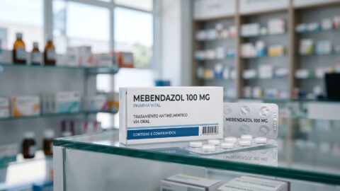 Caja de mebendazol 100 mg y blister con comprimidos sobre el mostrador de cristal en una farmacia.
