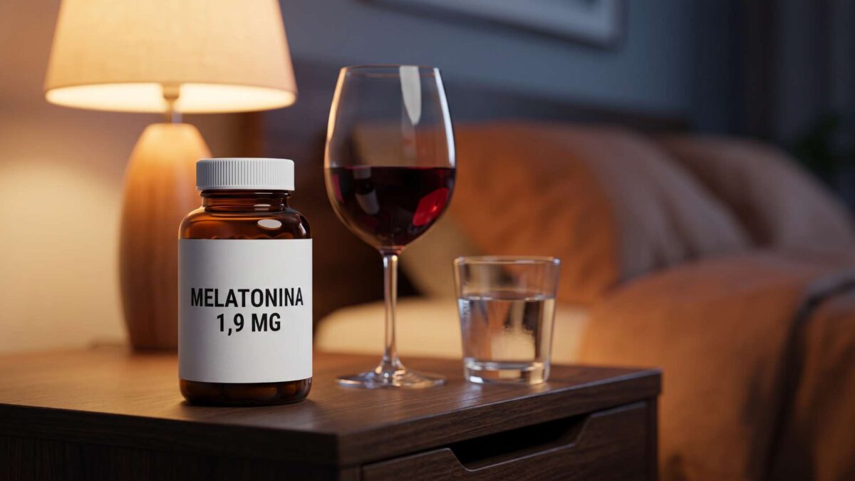 ¿Se puede tomar melatonina y alcohol? 3 Frasco de melatonina de 1,9 mg junto a una copa de vino tinto y agua sobre una mesita de noche.